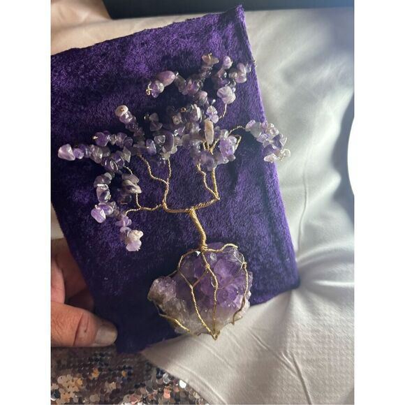 GEMSTONE BONSAI TREE WITH AMETHYST DRUZE BASE  lepoldite TUMBLED STONE LEAVES - Picture 3 of 7